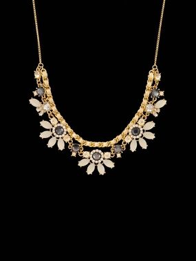 Liz Claiborne Gold Floral Bib Necklace with Cream and Black Accents